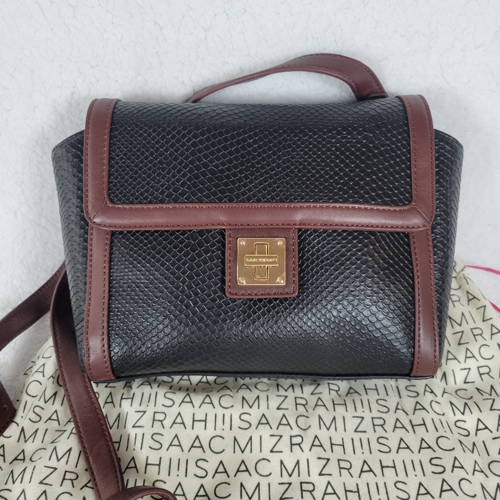 Isaac Mizrahi Black Brown Leather Snakeskin Embossed Crossbody Bag Purse NWT